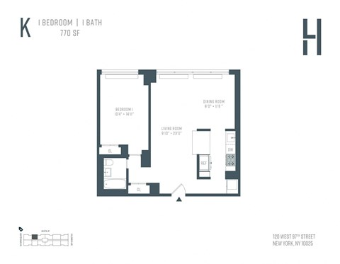 Floor plan for 1 bed, 1 bath, 733 sqft